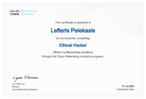 Cisco Networking Academy certificate: Ethical Hacker – Pelekasis